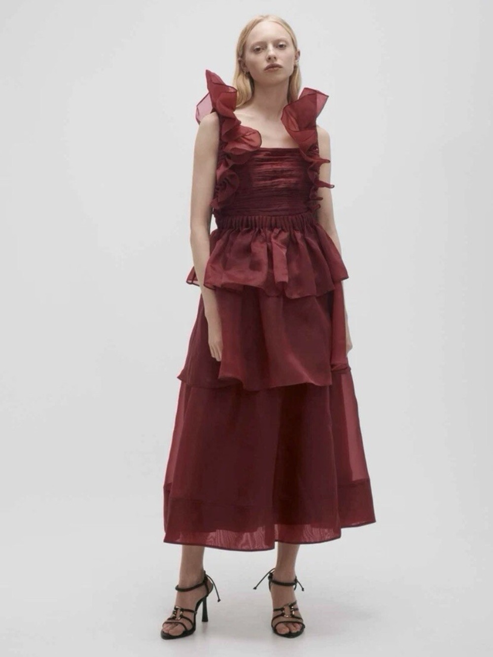 Asra
Ruffled Tiered Organza Midi Dress